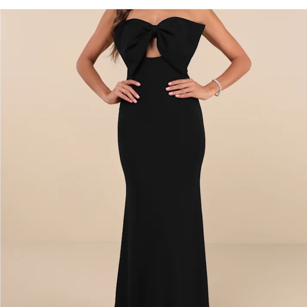 Lulus Coveted Glamour Black Strapless Bow Mermaid Maxi Dress